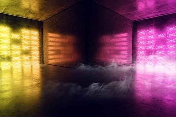 烟sci工作室灯霓虹灯领导发光的电黄色的紫色的红色的反光水泥混凝土机库仓库车库时尚俱乐部跳舞渲染