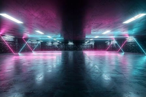 霓虹灯发光的紫色的蓝色的网络地下砖水泥沥青停车展厅车车库走廊灯现实的城市展示背景任