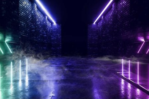 烟雾霓虹灯发光的激光蓝色的绿色紫色的梁柱子混凝土难看的东西平铺的地板上外星人宇宙飞船网络隧道走廊黑暗晚上仓库