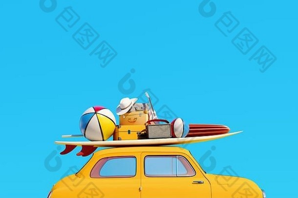 小复古的车行李行李海滩设备屋顶完全包装准备好了夏天假期概念路旅行蓝色的使用