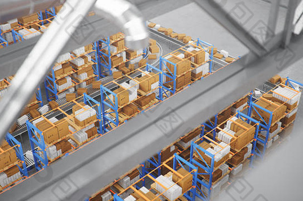 包交付包裹运输系统概念纸板盒子输送机带仓库仓库纸板盒子内部