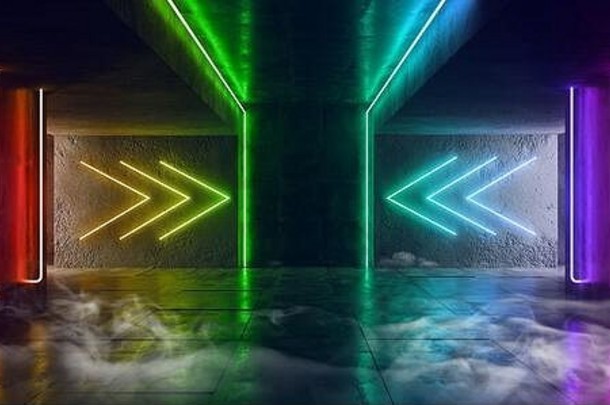 烟雾蒸汽车库sci未来主义的地下混凝土隧道走廊箭头形状的指针灯霓虹灯激光紫色的蓝色的黄色的绿色渠