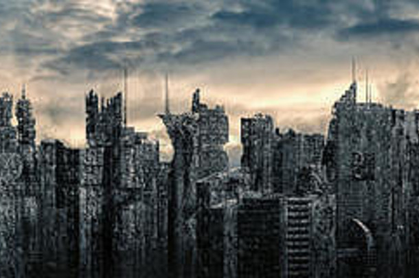 非理想化的地方城市全景插图未来主义的帖子世界末日城市废墟明亮的天空