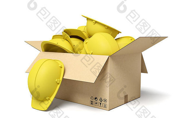 呈现纸板盒子完整的黄色的硬帽子