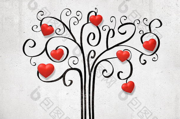 呈现白色墙装饰画树可爱的红色的情人节心分支机构