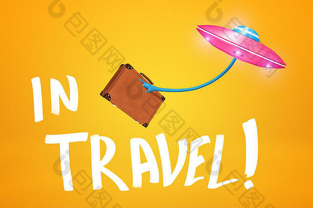 呈现粉红色的金属不明飞行物携带棕色（的）复古的手提箱旅行标志黄色的背景
