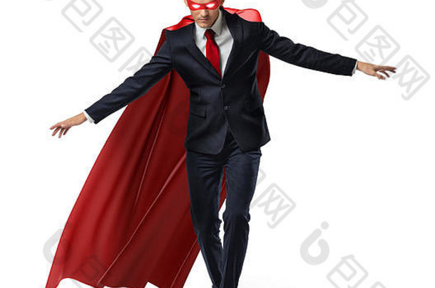 超级英雄业务西装红色的角保持平衡看不见的绳子