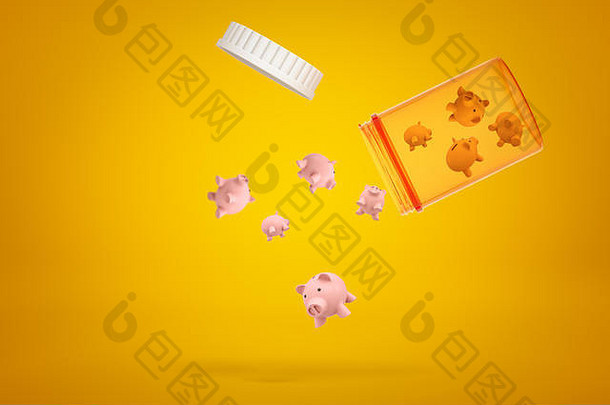 呈现粉红色的小猪银行下降塑料Jar黄色的背景