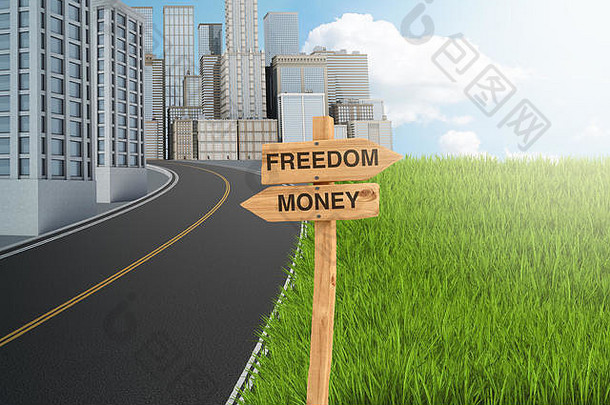 呈现木标志读取“自由”指出绿色草坪上“钱”指出混凝土丛林