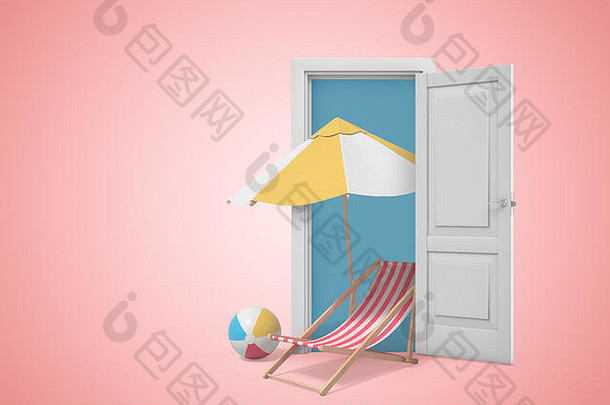 呈现chaise-longue海滩球大伞站白色门口粉红色的Copyspace背景