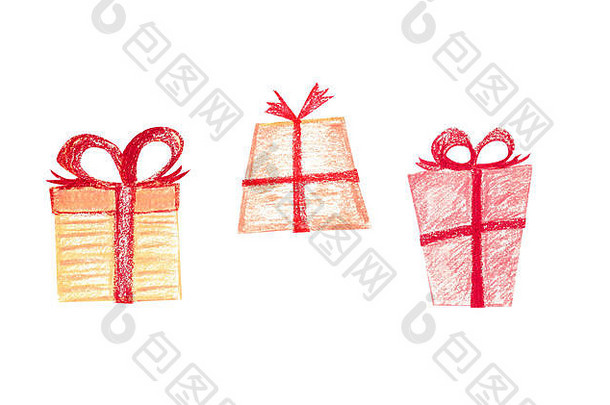 集圣诞节礼物节日盒子包装纸红色的丝带明亮的彩色的对象孤立的白色背景一年凹陷
