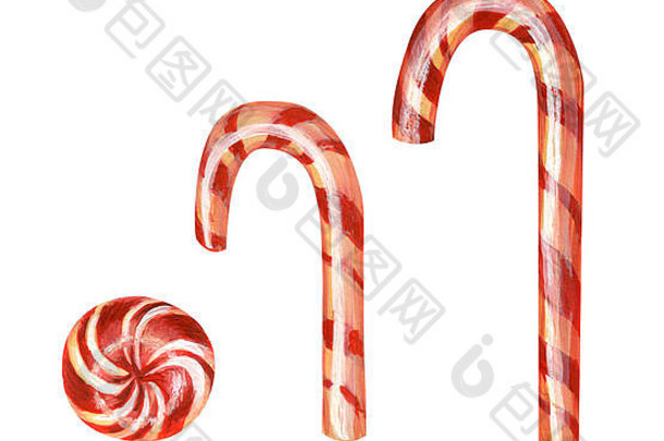 <strong>圣诞</strong>节条纹焦糖拐杖传统的甜蜜的糖果孤立的白色背景画现实的风格棒棒糖设计元素