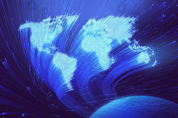 光学纤维基斯形状世界地图图像概念全球沟通光学纤维