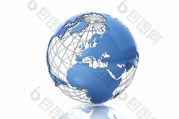 地球全球程式化的金属网格欧洲视图白色背景反射表面