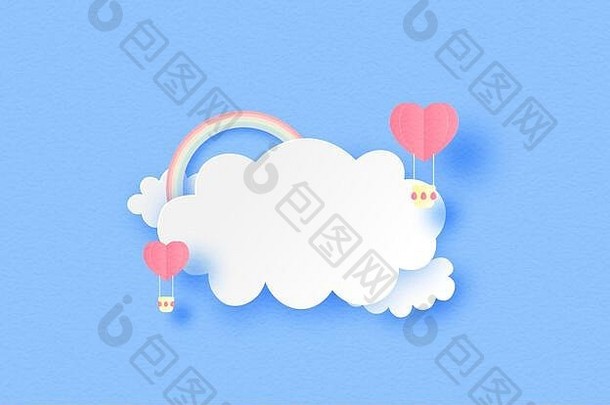 插图爱横幅心形状热空气气球浮动云彩虹纸减少风格数字工艺纸艺术