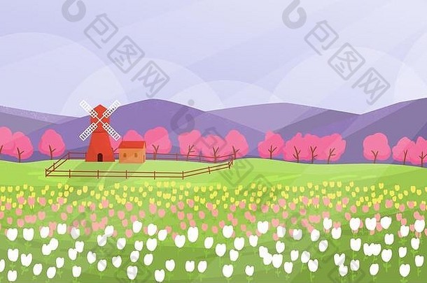 春天景观郁金香花园风车最小的风格