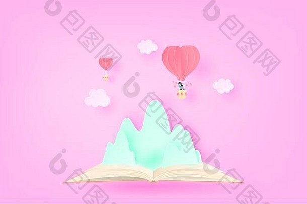 插图爱心形状热空气气球浮动山开放书纸减少风格数字工艺纸艺术