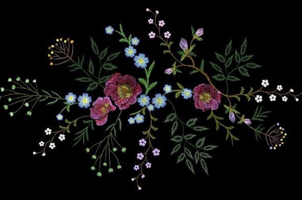 刺绣趋势花模式小分支机构草玫瑰蓝色的紫罗兰色的花华丽的传统的人时尚补丁设计领口开花