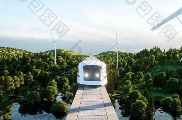 未来主义的现代磁悬浮火车通过单铁路生态未来概念空中自然视图呈现