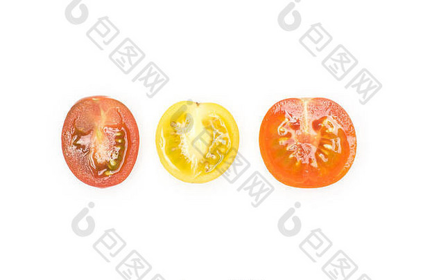 葡萄樱桃西红柿半集合孤立的白色背景交叉sectin混合