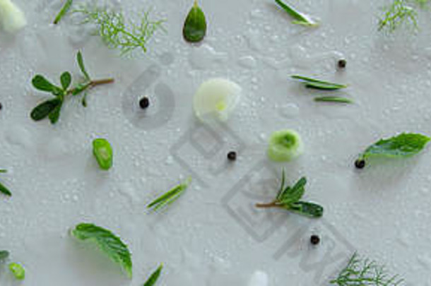 作文新鲜的绿色蔬菜草本植物白色背景蔬菜沙拉成分有<strong>创意</strong>的食物模式平躺