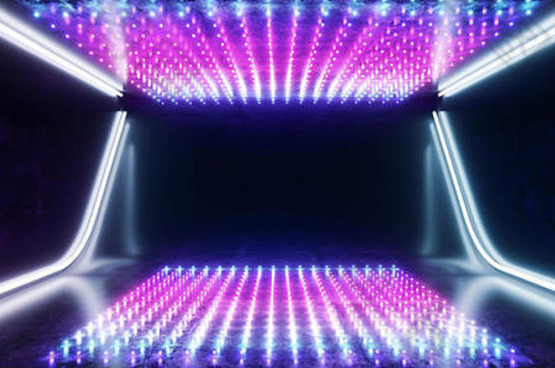 科技点霓虹灯激光科技背景黑暗反光房间发光的紫色的蓝色的充满活力的荧光虚拟现实空空间船走廊隧道