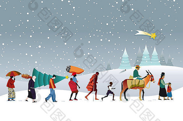 商队人比赛雪山携带圣诞节树明星伯利恒