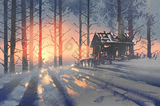 冬天景观被遗弃的房子森林插图绘画