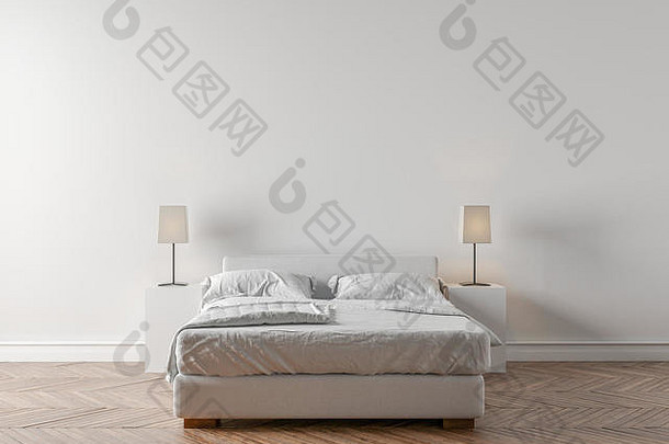 卧室衣柜双床上大白色墙背景插图