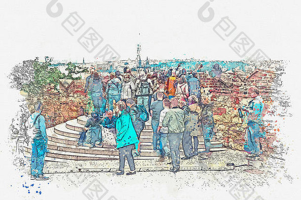 水彩草图插图人观察甲板欣赏美丽的视图布拉格布拉格最喜欢的城市游客