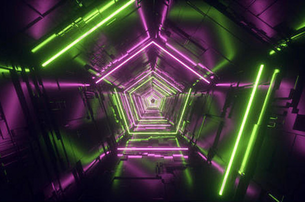 霓虹灯光紫色的绿色超五角三角形详细的sci未来主义的外星人宇宙飞船反光金属走廊隧道门空发光的引入