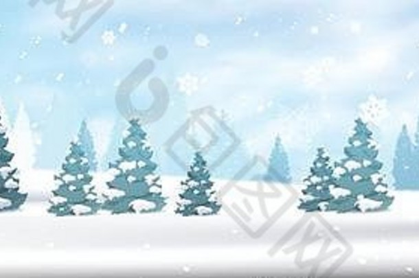 冬天森林景观水平横幅松树下降雪白色视图蓝色的天空圣诞节概念