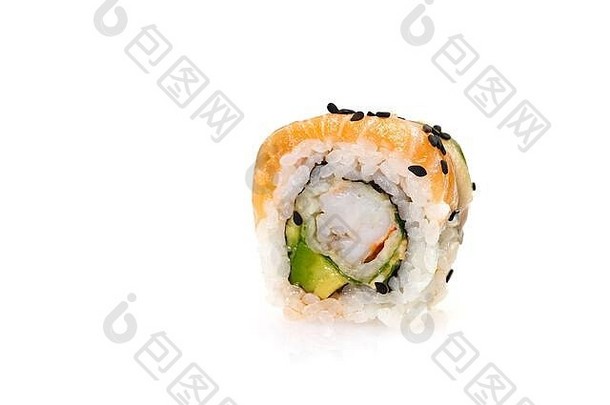 传统的日本食物寿司天妇罗寿司牧虾鳄梨孤立的白色背景