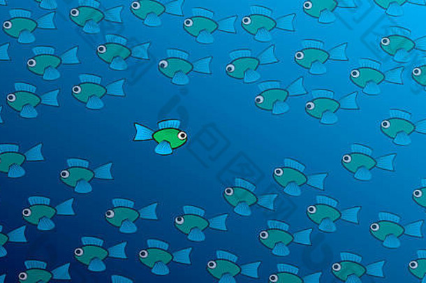 游泳潮勇敢的大胆的鱼游泳相反方向学校鱼漫画插图
