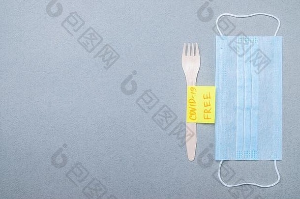 木叉蓝色的<strong>医疗</strong>面具贴纸登记科维德免费的平躺概念交付安全未受感染的食物