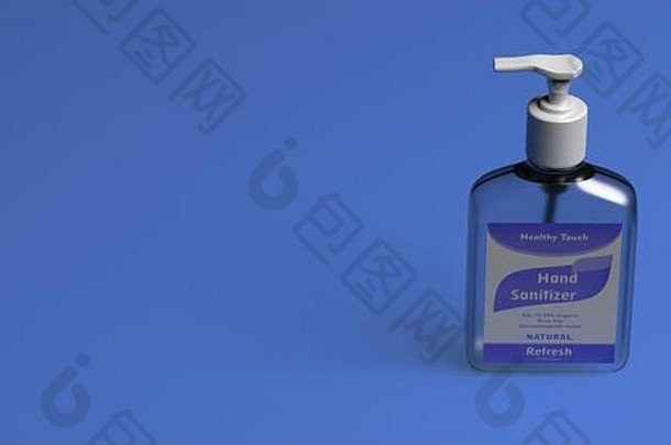 手洗手液过来这里冠状病毒感染预防酒精过来这里抗菌肥皂清晰的泵瓶孤立的蓝色的背景科维德