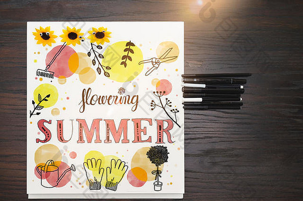 手刻字英语文本华丽的夏天画元素需要园艺画垫铅笔谎言黑暗表格镜头耀斑