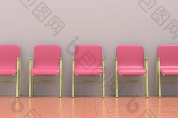 空粉红色的颜色等待椅子平铺的地板上灰色的墙背景柔和的颜色房间室内插图