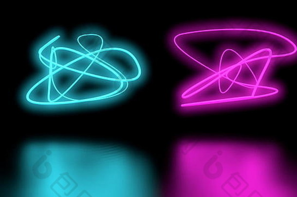 未来主义的科幻摘要紫色的蓝色的霓虹灯光形状黑色的背景墙反光地板上空空间文本呈现插图