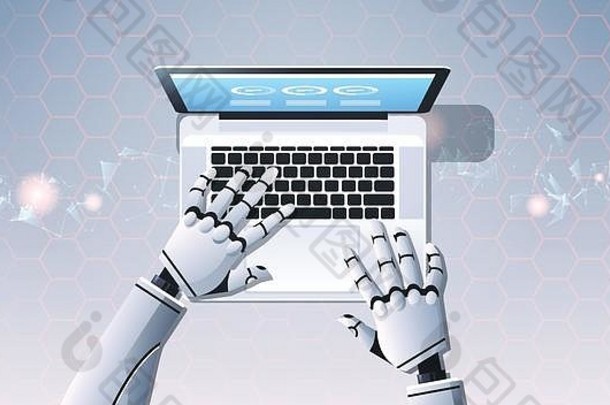机器人手移动PC电脑打字前角视图人工情报数字未来主义的技术概念平水平