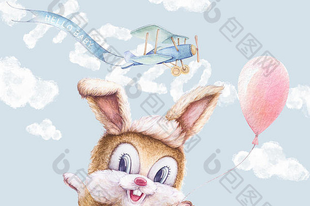 水彩孩子们托儿所墙艺术水彩兔子色彩斑斓的气球云冒险飞机飞丝带婴儿淋浴礼物