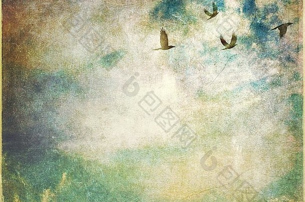 梦幻景观场景海鸥飞行天空软柔和的云