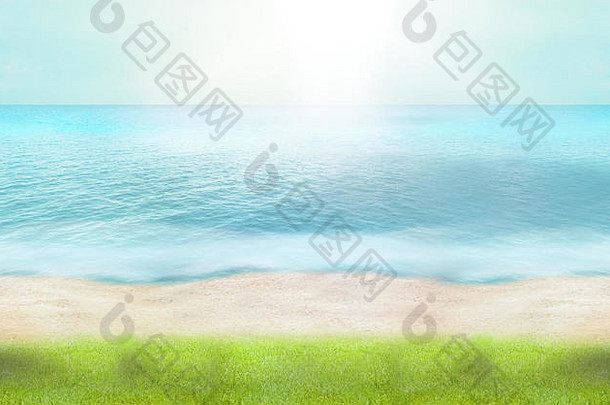 夏天时间绿色草海滩海洋水渲染