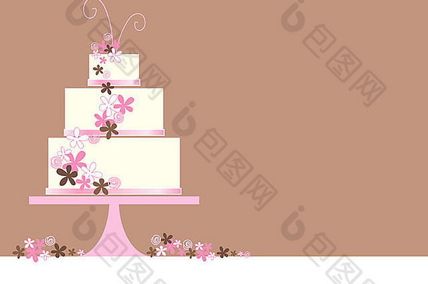 插图摘要层婚礼蛋糕程式化的花装饰棕色（的）背景