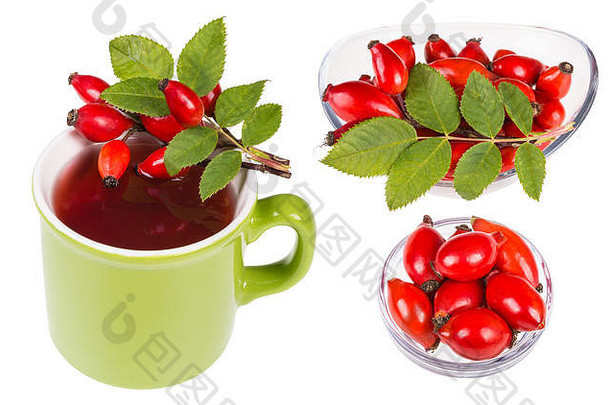 集玫瑰果杯子热茶玻璃碗蔷薇属叶集团美丽的红色的灌木绿色叶子孤立的白色背景