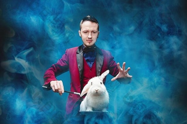 魔术师显示技巧消失白色兔子手提箱魔法魔杖黑色的背景