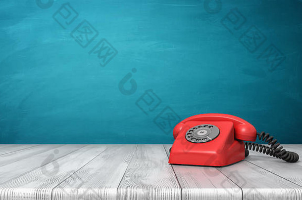 呈现明亮的红色的刻度盘电话站木桌子上蓝色的墙背景