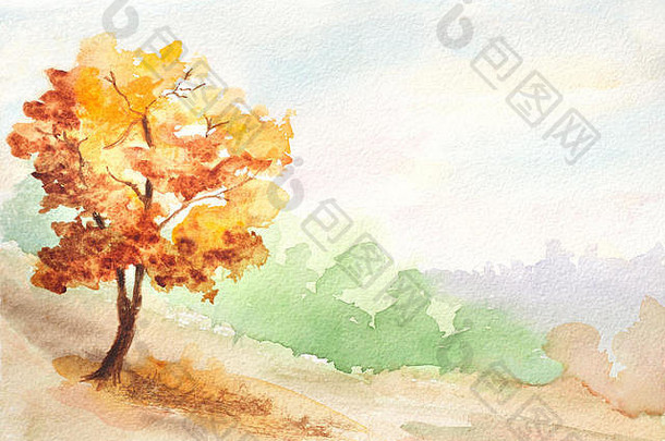 秋天树农村景观水彩插图