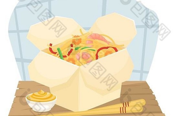 交付中国人食物盒子首页亚洲食物盒子炸面条虾蔬菜平躺插图