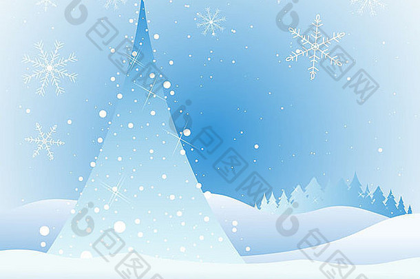 插图摘要圣诞节树白色灯闪光雪景观冷杉树雪花